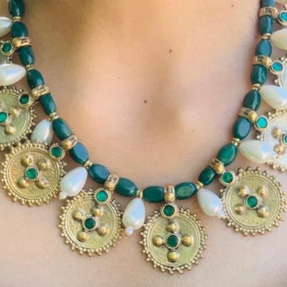 Pearls and Beads Jewelry Set, Handmade Coins Jewelry Set With Glass Stones, - Picture 6 of 12